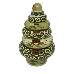 Temp-Tations By Tara Stacking Measuring Cups 5 Set Ceramic Green Floral Design